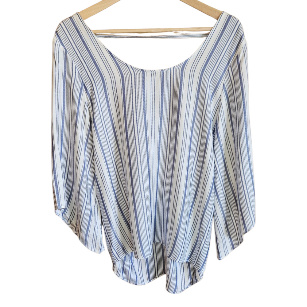 Drew Women's Large Blue White Striped Twist Back Bell Sleeve Rayon Blouse